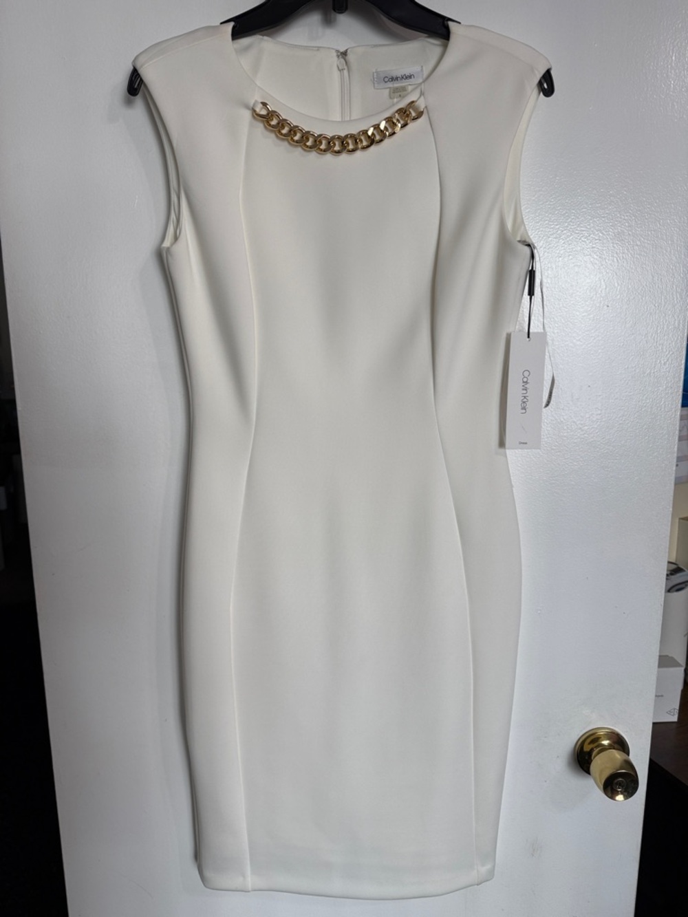 Calvin Klein Ivory Sheath Dress with Gold Chain Accent